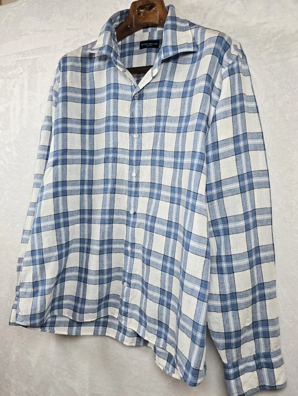 Peter Millar 100% Linen Blue Plaid Button Down Shirt Long Sleeve Sz. XL - Picture 7 of 15